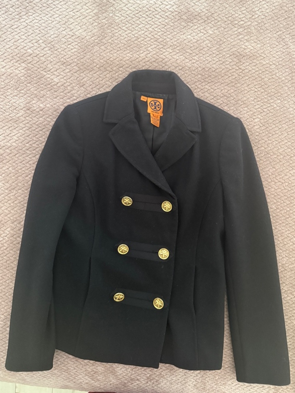Tory Burch Black Double-Breasted Pea Coat with Gold Buttons
